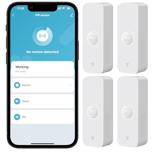 PHOVOLT WiFi PIR Motion Sensor, Wireless Motion Detector, Infrared Movement Sensor Alarm, Smart Home Presence Sensor with Notification Alerts and Records, Works with Alexa, Google Assistant (4 Pack)