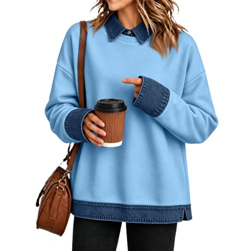Polo Shirts for Women Denim Patchwork Button Collared Long Sleeve Top - image 1