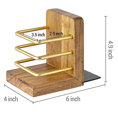 Mygift Handcrafted Deluxe Acacia Wood Decorative Bookend Set With Brass Tone Metal Wire Holder Slot Storage For Pens, Pencils, & Office Stationery, 1 Pair - Made In India #TOP3