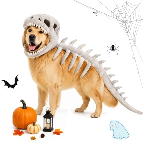 2027 Pet Dinosaur Costume, Dinosaur Skeleton Dog Costume Outfit，Gray：35 in