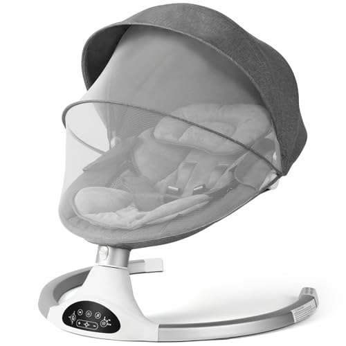 Image of Baby Swing for Infants, Baby Rocker with 5 Point Harness, Bluetooth Support, 10 Preset Lullabies and 3 Speeds with Remote Control, Infant Swing for Baby Boy Girl Up to 20 lbs, Grey