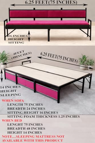 Image of Metal Frame Convertible Bed Cum Sofa, Bed(6x4 Feet), Sofa(3 Seater), Pink and Black, Space Saving Furniture | BED CUM SOFA