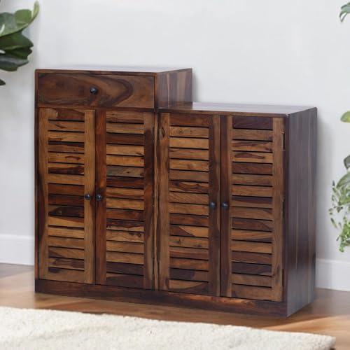 Image of Royaloak Opal 4 Door Sheesham Wood Shoe Stand | Drawer Storage | Durable & Long Lasting | 6 Shelves Ample Storage | Emperor Collection | Wooden Shoe Rack for Home