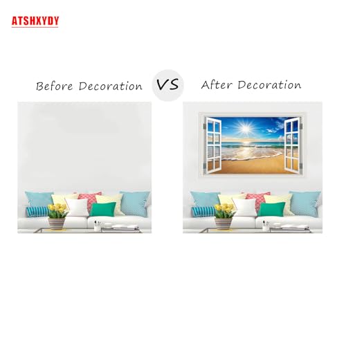 Fake Window Wall Decals Beach Ocean Sea Faux Window Wall Sticker Art Picture Poster Coastal Room Decor, Stick and Peel Landscape Natural Scenery Sunrise Seascape Scene Mural（48"x32"） by ATSHXYDY - Used condition - Image 4