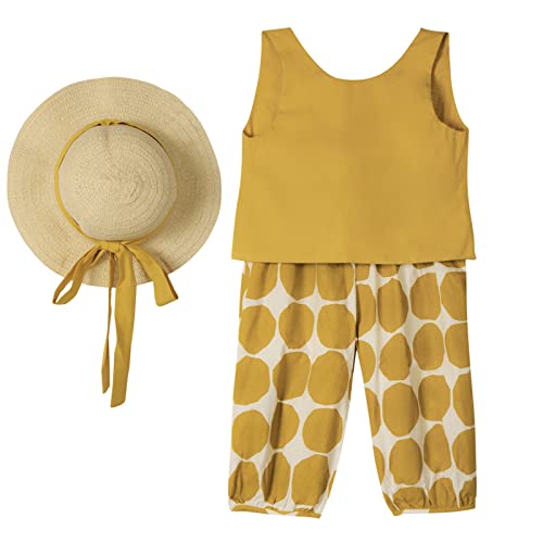 Balatale Toddler Girls Clothes Summer Outfits Sets With Tie Back Tank Tops + Polka Dot Pants + Sun Hat 3Pcs Clothes Set Ginger Yellow 4-5T #TOP7