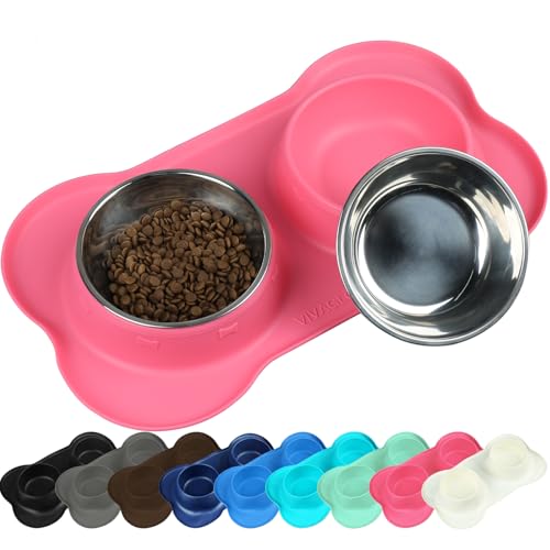 VIVAGLORY Ciotole per Cani, Ciotole per Cibo per Cani, Ciotole per Acqua per Gatti e Cuccioli in Acciaio Inox con Tappetino Antiscivolo e Antispruzzo in Silicone, Piccolo, Rosa