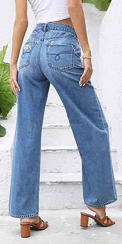 OFLUCK Women's Boyfriend Baggy Jeans High Waist Wide Leg Straight Denim Pants with Pockets4