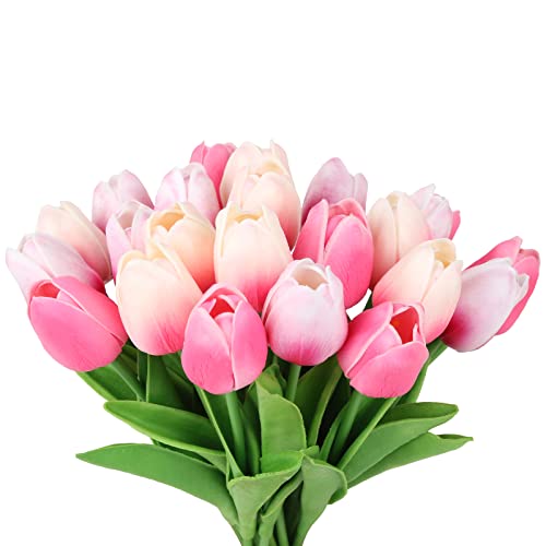 IPOPU Tulips Artificial Flowers 24pcs Multi Pink Flowers Artificial for Decoration Fake Tulips Fake Pink Flowers Floral Arrangements Faux Tulips for Table Home Wedding Centerpieces Decor (Multi Pink)