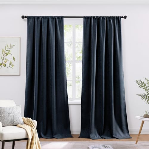 WRENSONGE Blackout Curtains for Bedroom, Navy Blue Blackout Curtains 95 Inch Long for Living Room Windows Kitchen Room, Easy Rod Pocket Curtain Modern Room Darkening Curtains 2 Panels Set Na