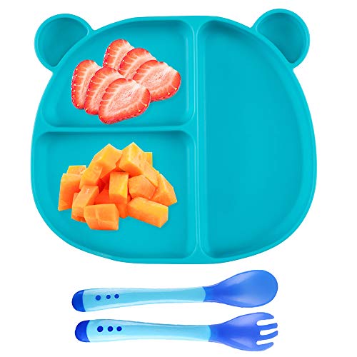 Plato Bebe Ventosa de Silicona para BLW con Compartimentos Libre de BPA (Verde claro)