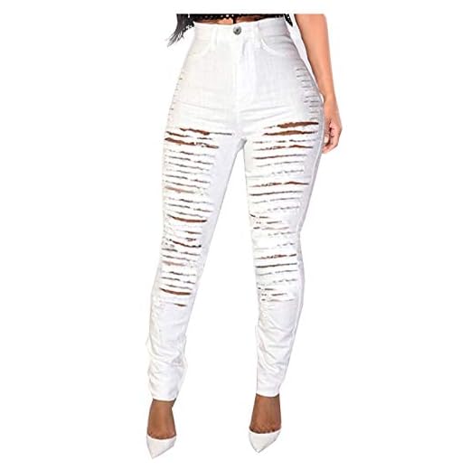 Chejarity Dam slitna jeans byxor stretch smala sommarbyxor hög midja skinny jeans pennbyxor tajta boyfriend jeans, Vit, M