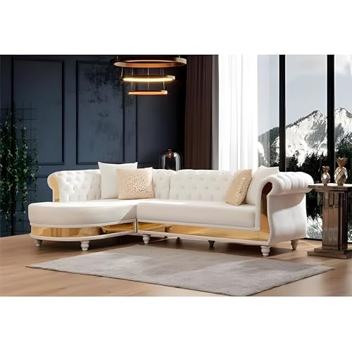Image of Modern Classic L Shape Sectional Sofa Set, Chesterfield Style 4 Seater Sofa Set with Pillows for Living Room, Bedroom and Office, Office, and Hallway Colour (Beige Gold)