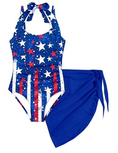 Image of Girls Swimsuit Set - Halter Neck One Piece Bathing Suit with Tropical Cover Up Skirt Swimwear for Kids 7-18Y