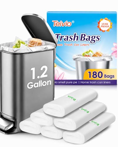 1.2 Gallon 180 counts Small Strong Trash Bags 5 Liter Garbage Bags by Teivio Bathroom Trash Can Bin Liners Plastic Bags for home office kitchen Clear