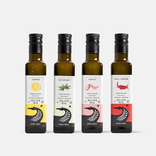 Terra Delyssa Organic Single Source Infused Extra Virgin Olive Oil Gift Set - 4 Bottles of Infused Olive Oils: Chili, Garlic, Lemon, Rosemary
