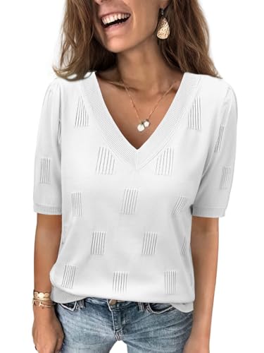 Image of ATHMILE Summer Tops for Women 2025 Short Sleeve V Neck Sweaters Dressy Casual Blouses Lightweight Thin Knit Fashion Shirts
