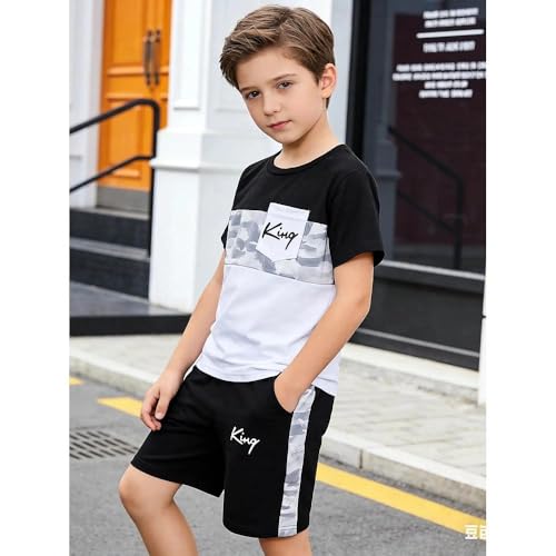 Image of Size 6-12 Years Boys Summer Outfits Set Kids Short Sleeve Top T-Shirt & Shorts Color Block Clothing Sets