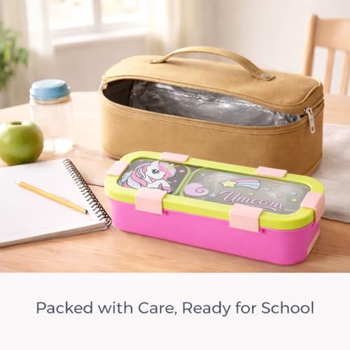 Image of Motka Kids Lunch Box 3 Compartment Combo with Insulated Bag | 600ml Stainless Steel Bento Box for Kids, Leakproof Silicone Seal, Built-in Cutlery, School Travel Food Container - Pink