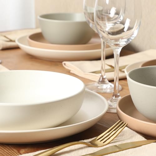 Image of Gibson Elite Leeds Court Plates and Bowls Sets, 16-Piece Stoneware Dinnerware Sets, Assorted Colors, Round Speckle Reactive Glaze Dish Set