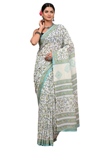 Image of Mulmul Cotton Saree for Women with Blouse Piece | Ajark Sarees | Hand Block Prints Sari | Bagru Print | Soft Mul Cotton Sadi