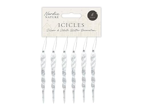 Gem Imports White Acrylic Glitter Icicle Christmas Hanging Decorations 12Cm – Pack Of 6 – Festive Tree Ornaments, Snow Winter Holiday Decoration Baubles For Xmas Tree