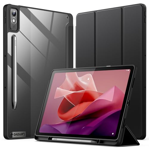 JETech Hülle für Lenovo Tab P12 12 7 Zoll (Modell 2023 TB370FU / TB371FU) mit Stylus Halter Klar Transparente Harte PC-Rückseite Tri-Fold Ständer Dünn Tablet Schutzhülle (Schwarz)