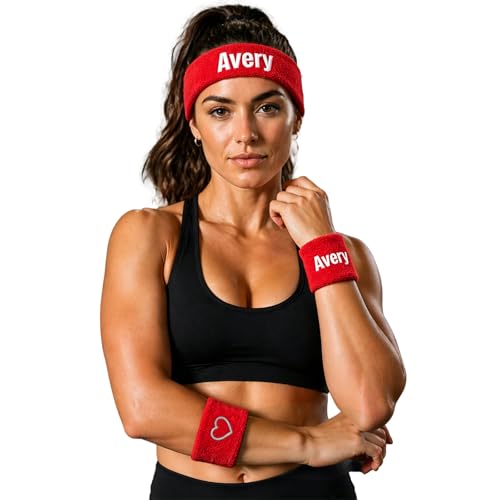 Cinta de Cabeza y Muñequeras Personalizada Bordado Set Deportivo - Banda Sudor Elástica Unisex para Correr Fitness Tenis Bádminton (1 Diadema + 2 Muñequeras) (Rojo)