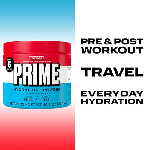 Image of PRIME HYDRATION+ Electrolyte Powder, Ice Pop, Sugar Free Hydration Drink Mix with Potassium, Magnesium & B Vitamins to Replenish Fluids, Caffeine Free, 6 Gallon Tub, 48 SRV