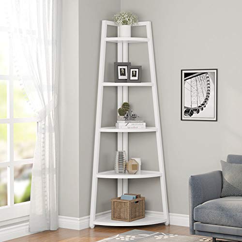 Image of Tribesigns 70 inch Tall Corner Shelf, 5 Tier Modern Corner Bookshelf Bookcase Industrial Corner Ladder Shelf Plant Stand for Living Room, Kitchen, Home Office (White)