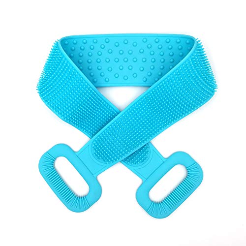 Silicone Back Scrubber for Shower, WOAYUS 35.4 inch Bath Body Brush, Double Side Spa Massage Exfoliating Back Brush Belt Scrubbing Pad Blue