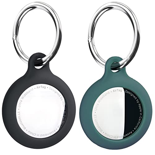 TICARVE Funda de silicona para remolque AirTag con soporte para AirTags, resistente a los arañazos, funda protectora con llavero para Apple AirTags, negro y verde (2 unidades) Cover
