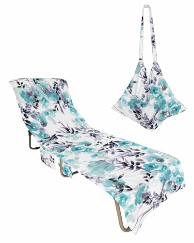 Blue Botanical Beach Lounge Chair Towel Cover, Soft Chaise Lounge Towel with Side Pockets Patio Pool Chairs Cover for Beach/Pool Sunbathing 29x85 Watercolor Spring Summer Floral Elegant