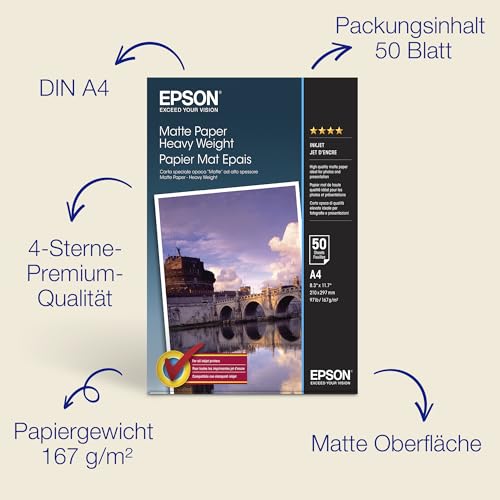 Epson C13S041256 Matte Heavyweight Papier Inkjet 167 g / m2 A4 One-sided, 50 Blatt Pack