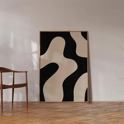 Art abstrait moderne beige noir 30x50cm avec cadre intérieur pour salon