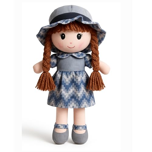 Image of Apollo Toys Soft Cloth Doll for Kids | Cute Braided Girl Plush Toy with Hat | Premium Cotton Stuffed Soft Toy for Girls | Birthday Gift for Kids | Safe & Washable Doll (Blue Dress, 50 cm) (Grey)