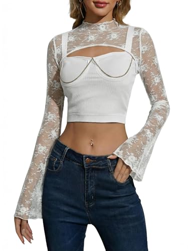 Image of JOKELAMB Women Lace Bolero Shrug See Through Floral Cardigan Sheer Mesh Cropped Y2K Going Out Tops