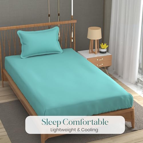 Image of FRESH FROM LOOM Microfiber Solid Plain 240 TC Single Size Bedsheet Set - Soft & Anti Fade, 1 Pillow Covers Included (Size- 60x90 inch | Aqua| Solid)