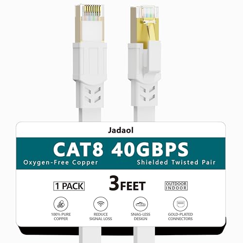 Jadaol Cat 8 Ethernet Cable 3 ft, 40Gbps 2000MHz Flat RJ45 S/FTP LAN Patch Cable, High-Speed Cat8 Network Cable for Router, Modem, Switch, Gaming Consoles, PC, Home Network & Streaming Devices, White