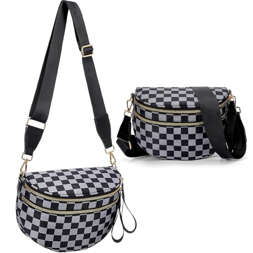 Oversized Black and White Checker Print Crossbody Bag for Women - Water Resistant Nylon Sling Bag with Vegan Leather Trim