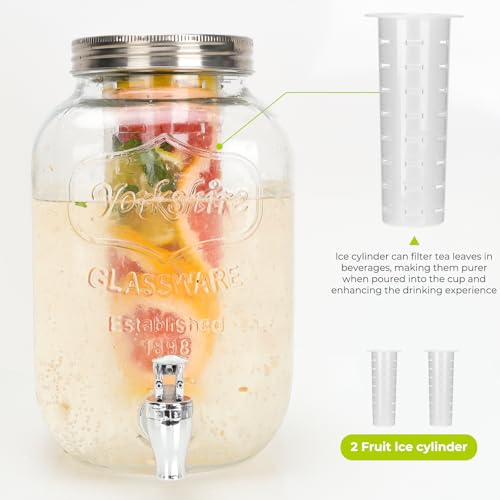 DHSBTLS 4L Getränkespender aus Glas, transparent, für Party, Grillen und Picknick, 2 Stück Saftspender mit Eiskern, schwarzem Ständer, Zapfhahn, Markern und Kreidetafel