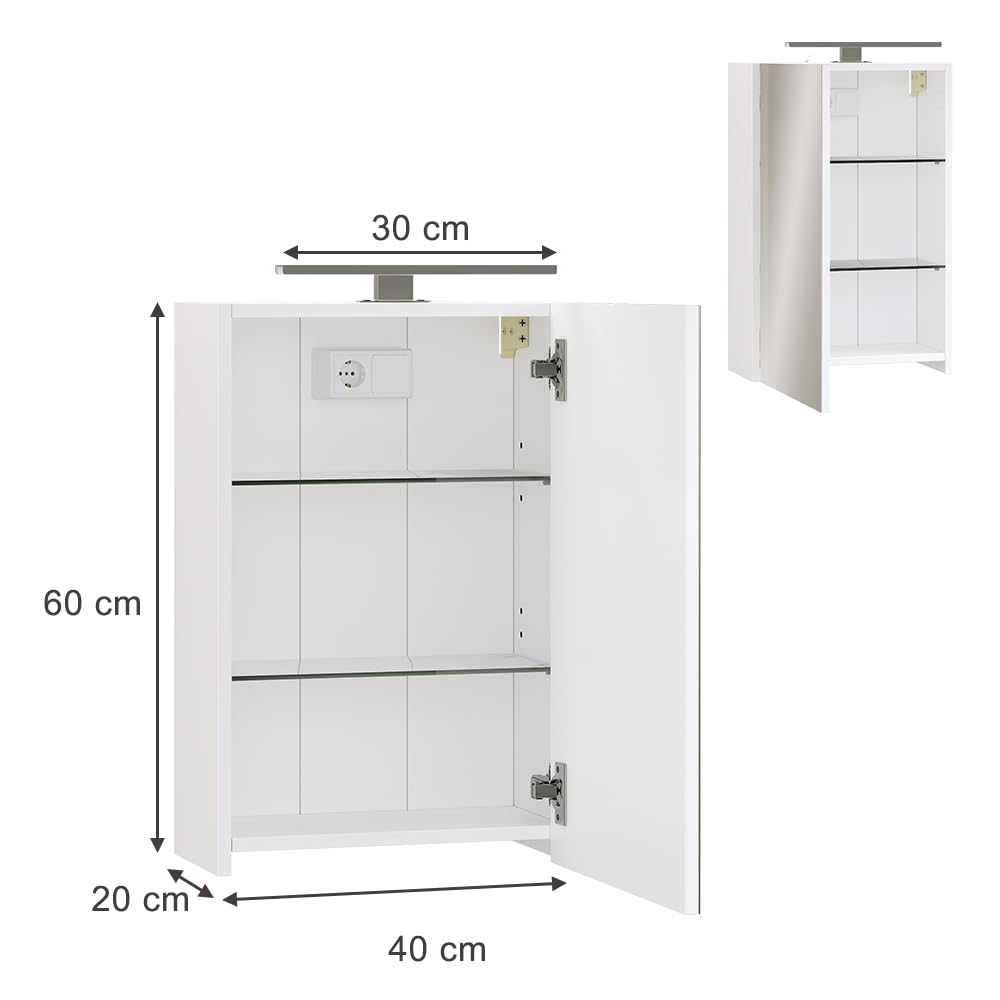 Vicco Mobile a specchio per il bagno Lavio, Bianco, 40 x 60 cm con illuminazione a LED, con ripiano integrato e illuminazione a LED