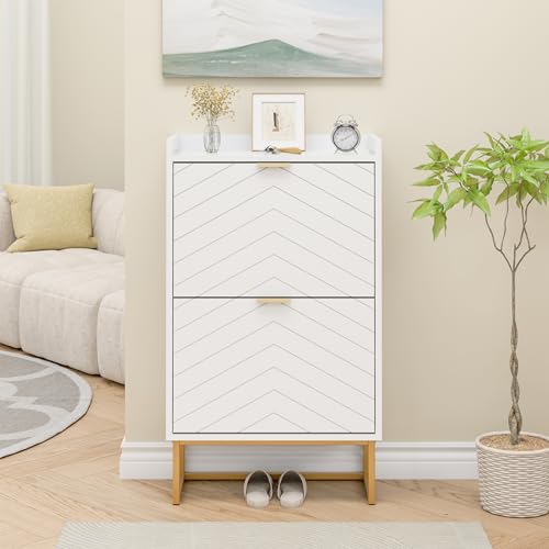 UEV Armoire à Chaussures, Meuble à Chaussures Inclinable, avec 2 Compartiments, Plafond avec Clôture, Étagère Réglable à 2 Positions, Étagères Amovibles, Motif en Ligne, 50x24x91 cm, Blanc