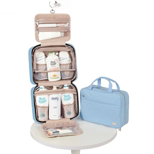 Image of NISHEL Travel Toiletry Bag for women, Portable Hanging Organizer for Family-Sized Shampoo, Conditioner, Brushes Set, Makeup Accessories, Extra Large Size, Placid-Blue