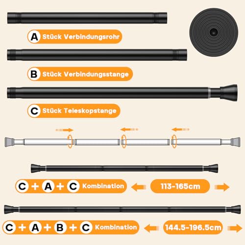 Fvonzn 1Stück Teleskopstange ohne Bohren 120-200CM (passt für 120-196,5CM) - Gardinen- und Duschvorhangstange, Rostfrei & Verstellbare Klemmstange für Vorhänge, Dusche, Fenster, Badezimmer - Schwarz