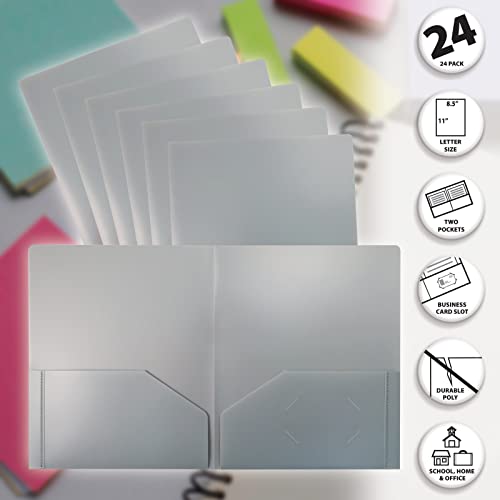 Heavyweight Gray Plastic 2 Pocket Portfolio Folder, 24 Pack, Letter Size Poly Folders, By Better Office Products, 24 Pack, Gray #TOP2