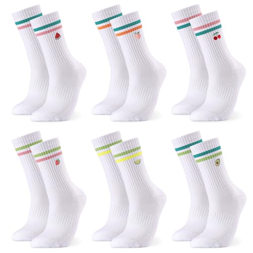Utensilsto 6 Paar Tennissocken Damen & Herren 38-42 Sportsocken Weiß Socken mit Fruchtmuster Laufsocken Arbeitssocken Crew Socks für Tennis Sport Lauf Freizeit Alltag