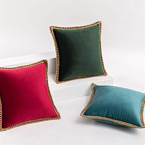 Aqothes Pack Of 2 Velvet Decorative Farmhouse Burlap Trimmed Tailored Edges Decor Pillow Cover Cushion Throw Pillows For Couch Sofa, 18 X 18 Inch, Dark Green #TOP1