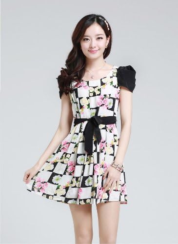 Women Black O-neck Print Knee-length Short Sleeve A-line Dress