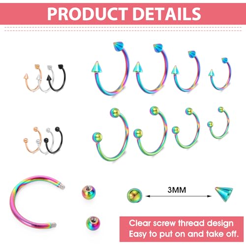 Yolev 32Pcs 18G Horseshoe Piercing for Women Men Variety of Sizes Horseshoe Rings Surgical Steel Nose Septum Horseshoe Hoop Earring Eyebrow Earring Hoop Lip3