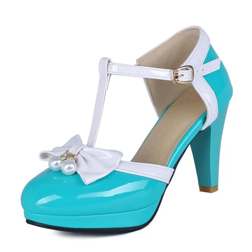 Image of Elbslutt Women's Cute Retro Rockabilly Shoes T Strap Mary Janes Heels Chunky Cosplay Shoes Sweet Block Heeled Bow Pumps
